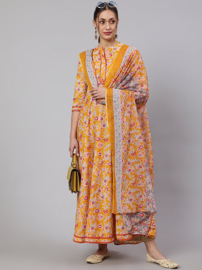 Cotton Printed Ankle Length Flared 3/4 Sleeve Mandarin Neck Kurta, Pants With Dupatta Set