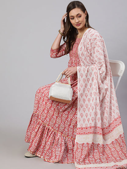 Cotton Printed Ankle Length Flared 3/4 Sleeve Round Neck Kurta, Pants With Dupatta Set