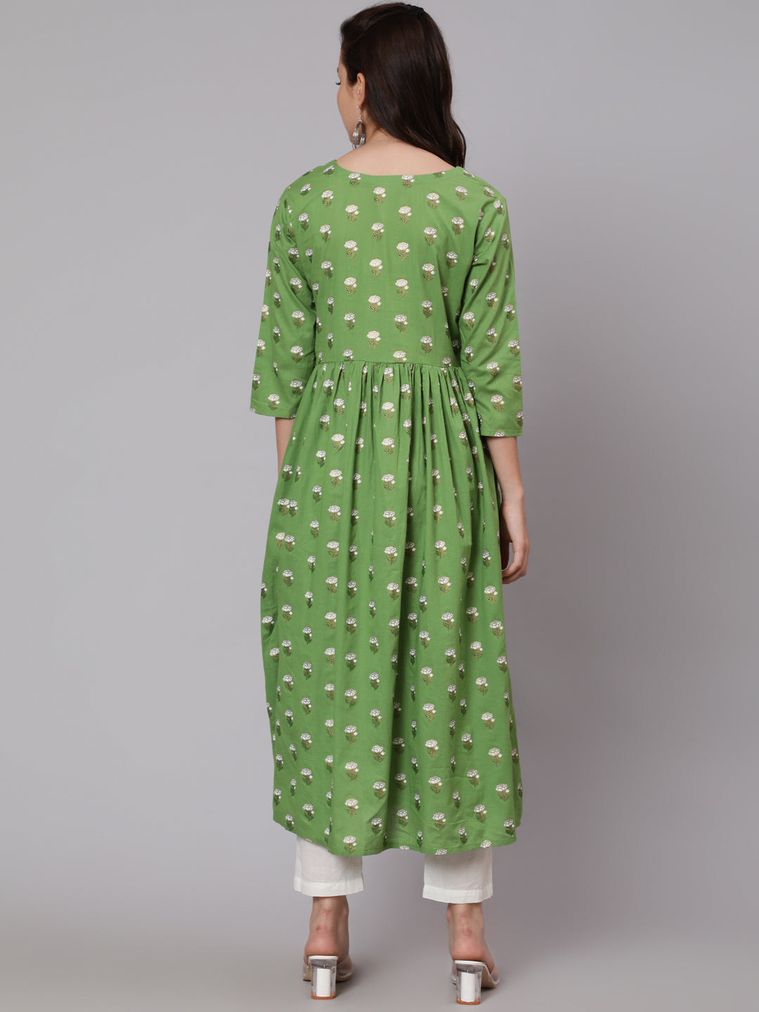 Cotton Calf Length Flared 3/4 Sleeve Round Neck Printed Kurta