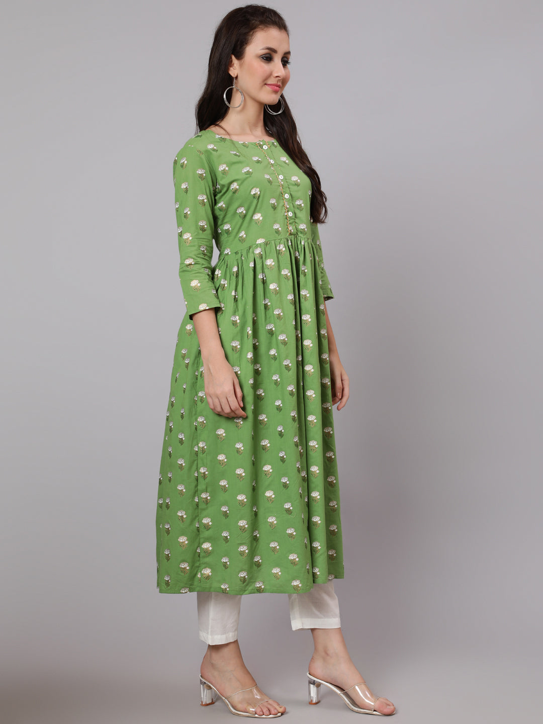 Cotton Calf Length Flared 3/4 Sleeve Round Neck Printed Kurta