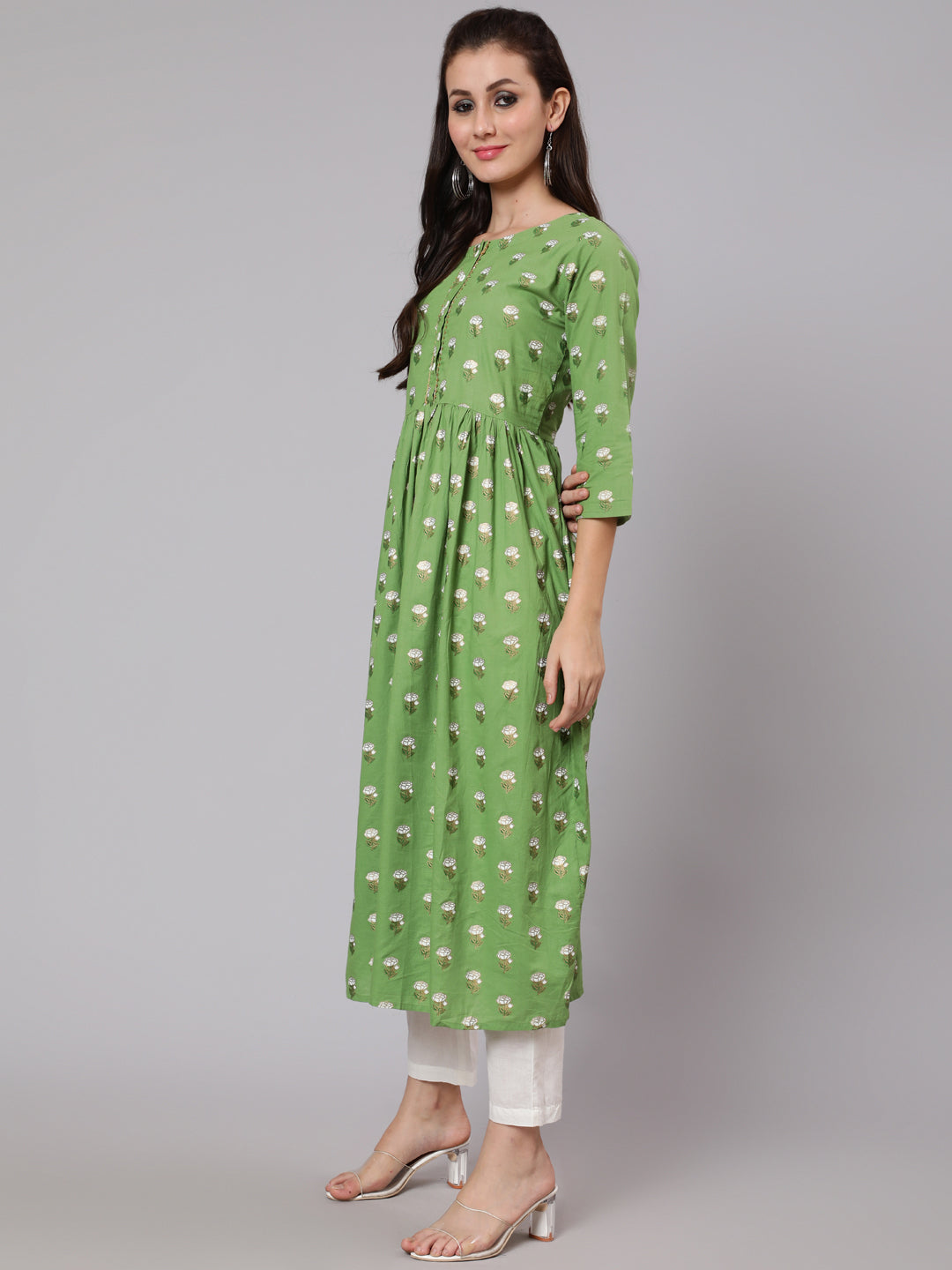 Cotton Calf Length Flared 3/4 Sleeve Round Neck Printed Kurta