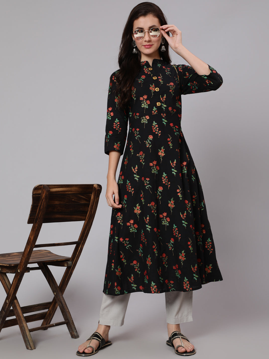 Cotton Calf Length Flared 3/4 Sleeve Round Neck Printed Kurta