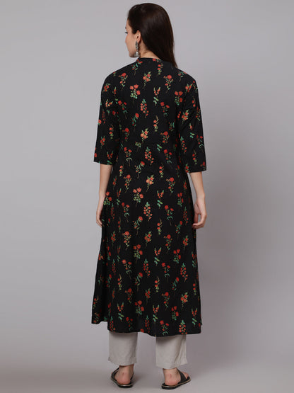 Cotton Calf Length Flared 3/4 Sleeve Round Neck Printed Kurta