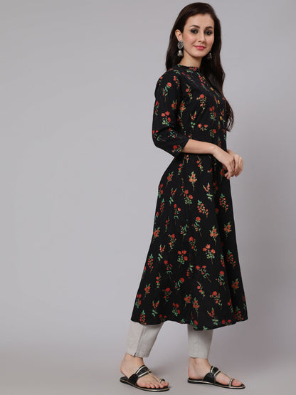 Cotton Calf Length Flared 3/4 Sleeve Round Neck Printed Kurta