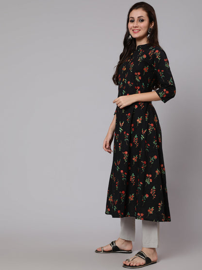 Cotton Calf Length Flared 3/4 Sleeve Round Neck Printed Kurta