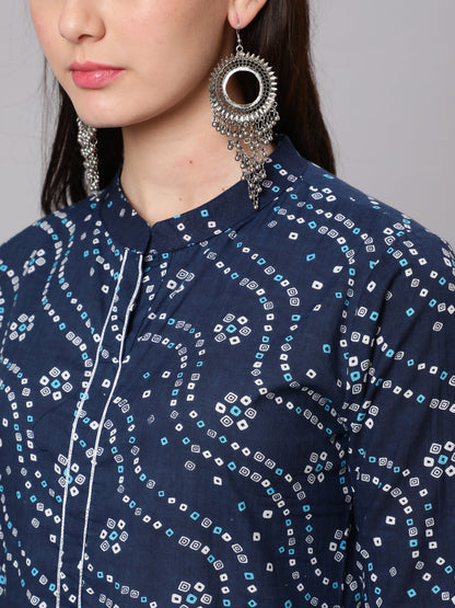 Cotton Calf Length Flared 3/4 Sleeve Mandarin Neck Printed Kurta