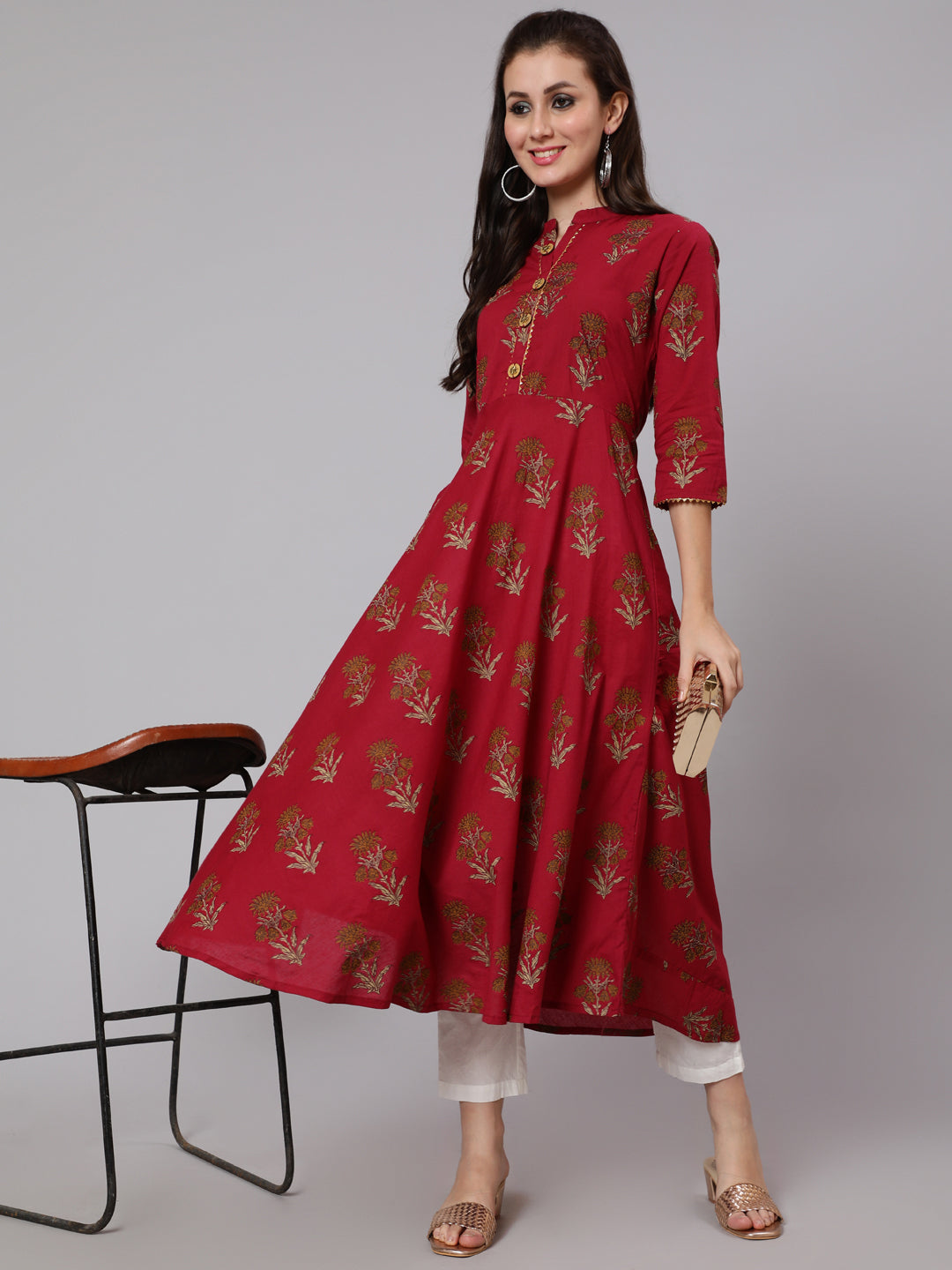 Cotton Calf Length Flared 3/4 Sleeve Mandarin Neck Printed Kurta