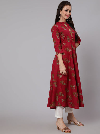 Cotton Calf Length Flared 3/4 Sleeve Mandarin Neck Printed Kurta