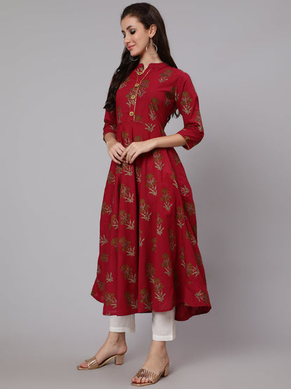 Cotton Calf Length Flared 3/4 Sleeve Mandarin Neck Printed Kurta