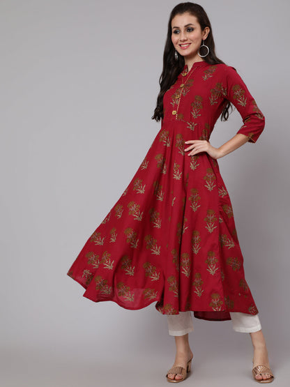 Cotton Calf Length Flared 3/4 Sleeve Mandarin Neck Printed Kurta