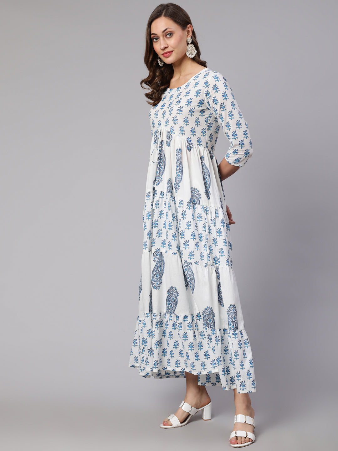 Rayon Printed Round Neck 3/4 Sleeve Flared Ankle Length Ethnic Kurta