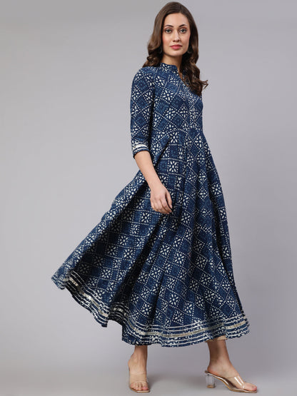 Cotton Printed Mandarin Neck 3/4 Sleeve Flared Kurta