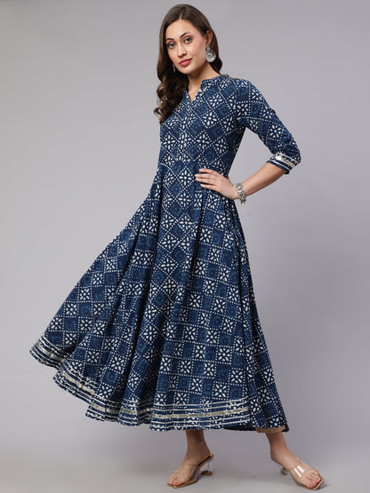 Cotton Printed Mandarin Neck 3/4 Sleeve Flared Kurta