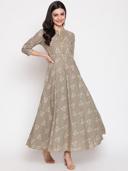 Cotton Printed Mandarin Neck 3/4 Sleeve Flared Ankle Length Ethnic Kurta