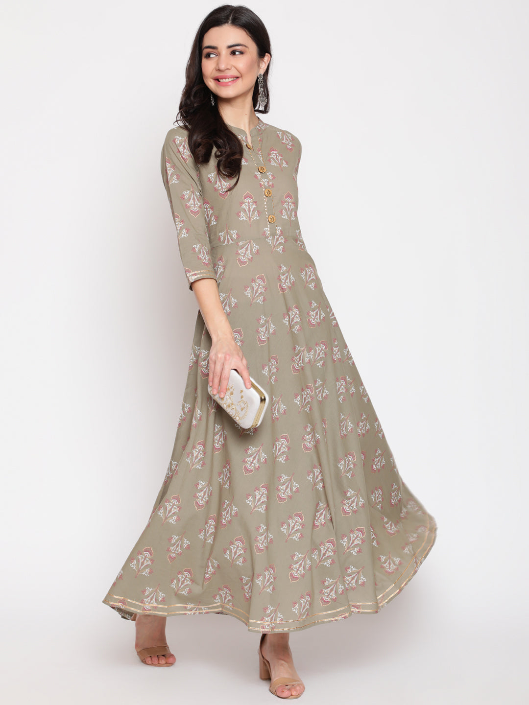 Cotton Printed Mandarin Neck 3/4 Sleeve Flared Ankle Length Ethnic Kurta