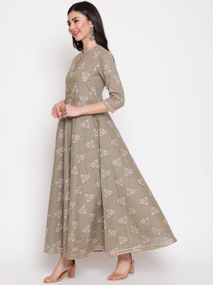 Cotton Printed Mandarin Neck 3/4 Sleeve Flared Ankle Length Ethnic Kurta