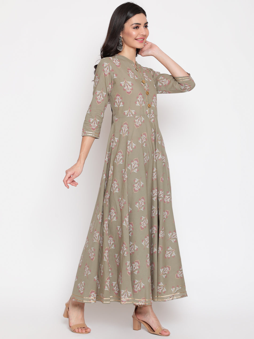 Cotton Printed Mandarin Neck 3/4 Sleeve Flared Ankle Length Ethnic Kurta