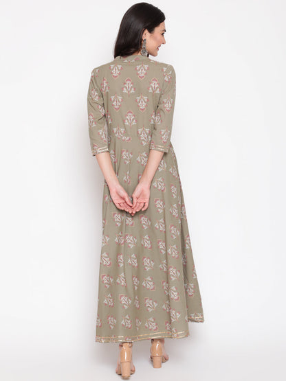 Cotton Printed Mandarin Neck 3/4 Sleeve Flared Ankle Length Ethnic Kurta