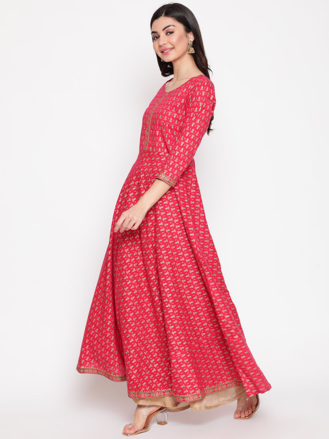 Cotton Printed Round Neck 3/4 Sleeve Flared Ankle Length Ethnic Kurta