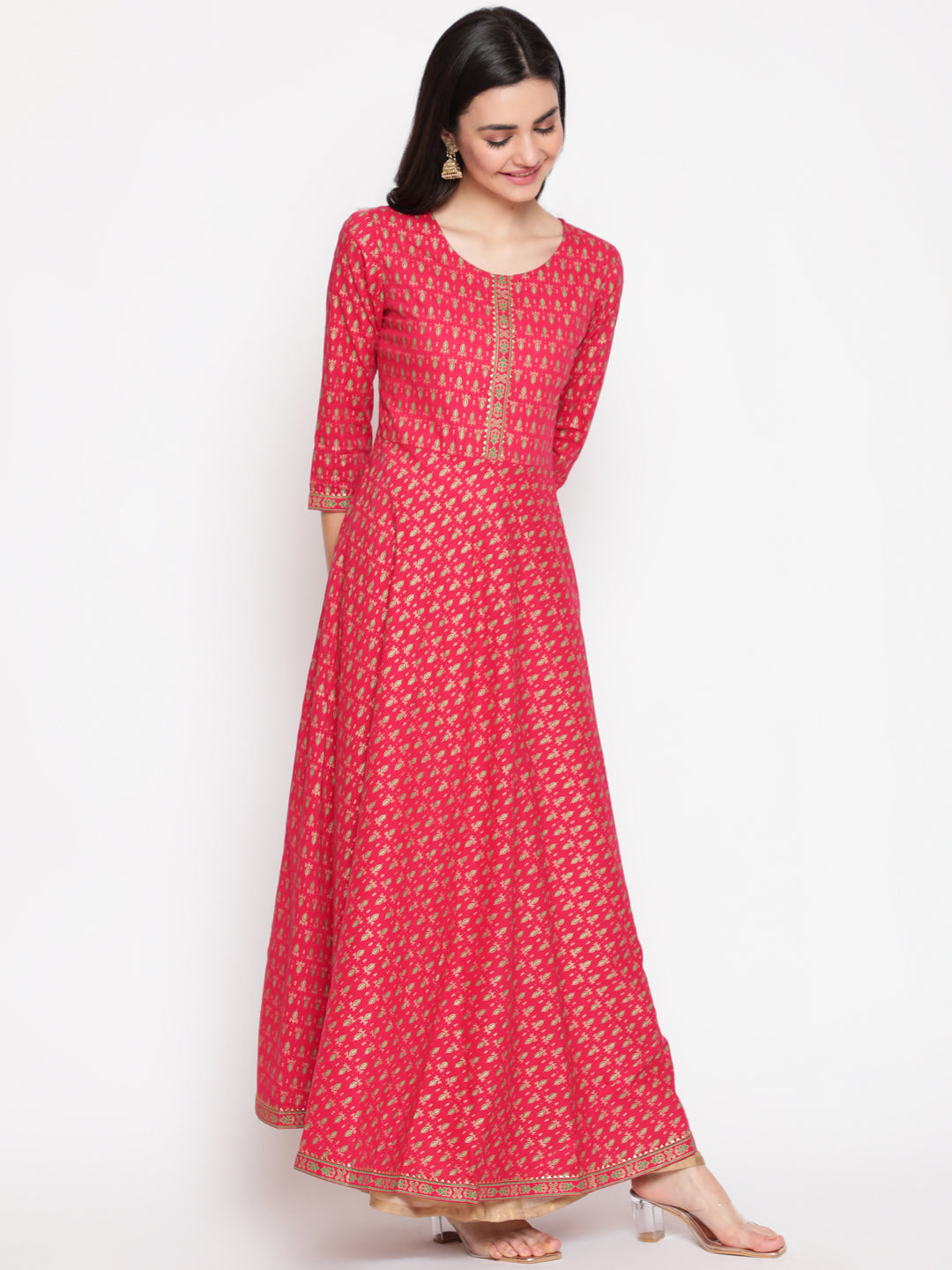 Cotton Printed Round Neck 3/4 Sleeve Flared Ankle Length Ethnic Kurta