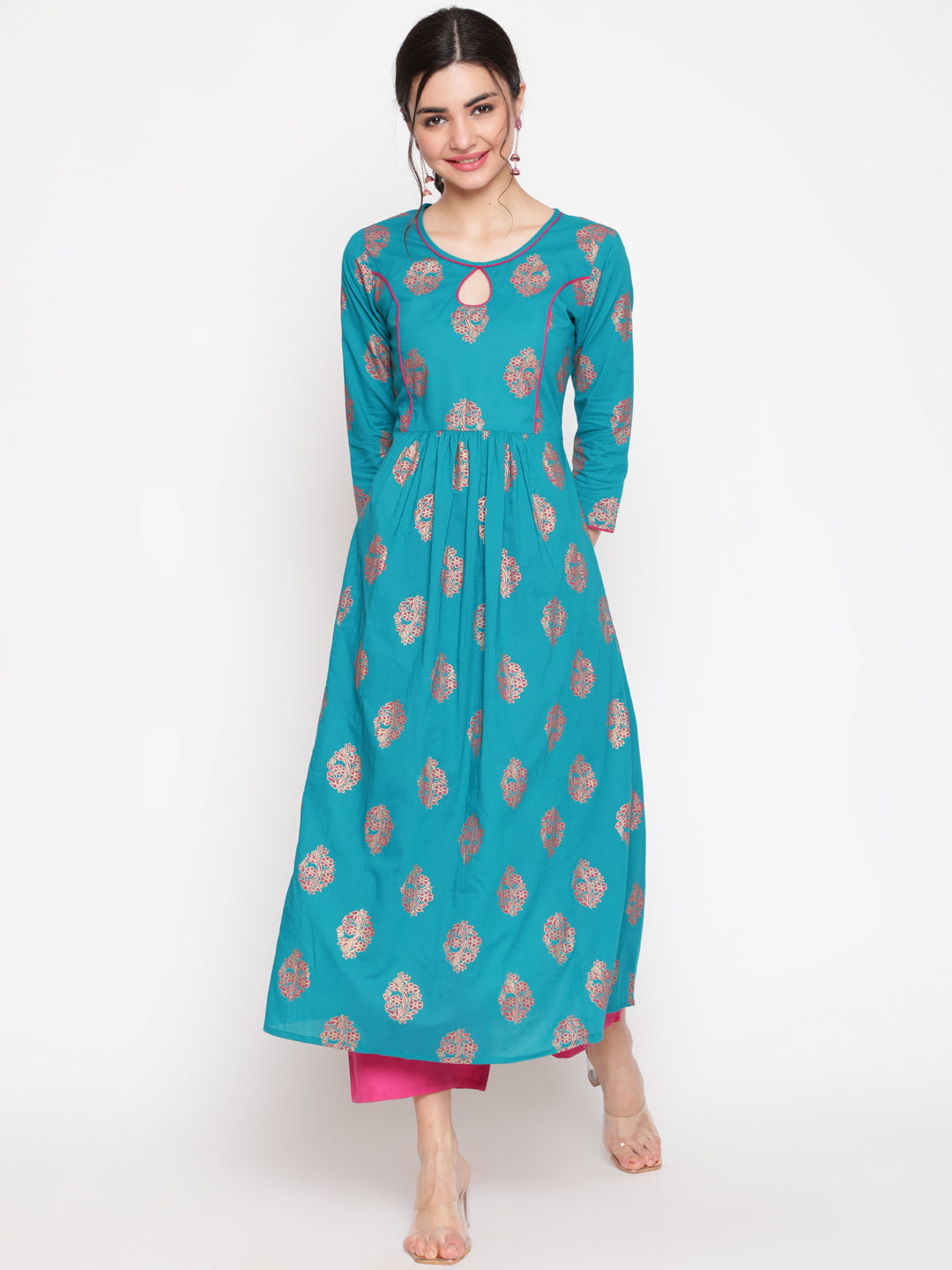 Cotton Printed Round Neck 3/4 Sleeve Flared Ankle Length Ethnic Kurta