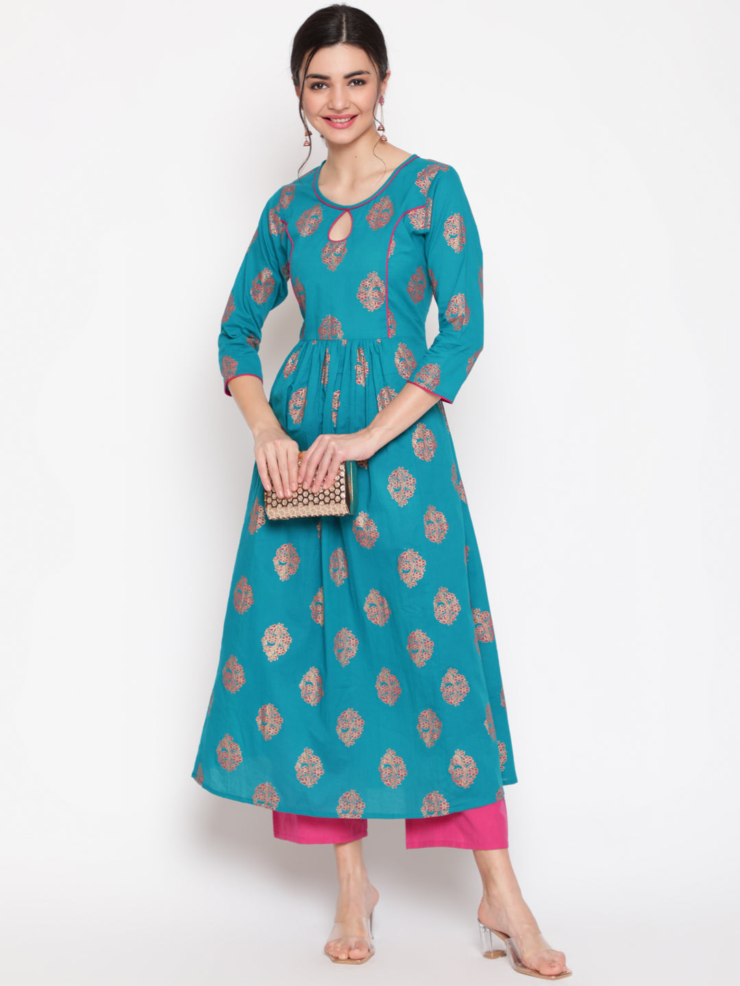 Cotton Printed Round Neck 3/4 Sleeve Flared Ankle Length Ethnic Kurta