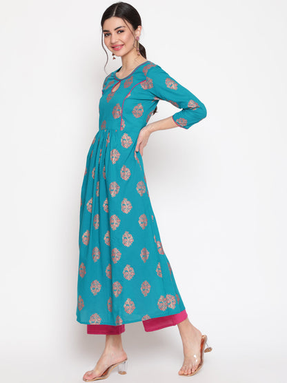 Cotton Printed Round Neck 3/4 Sleeve Flared Ankle Length Ethnic Kurta