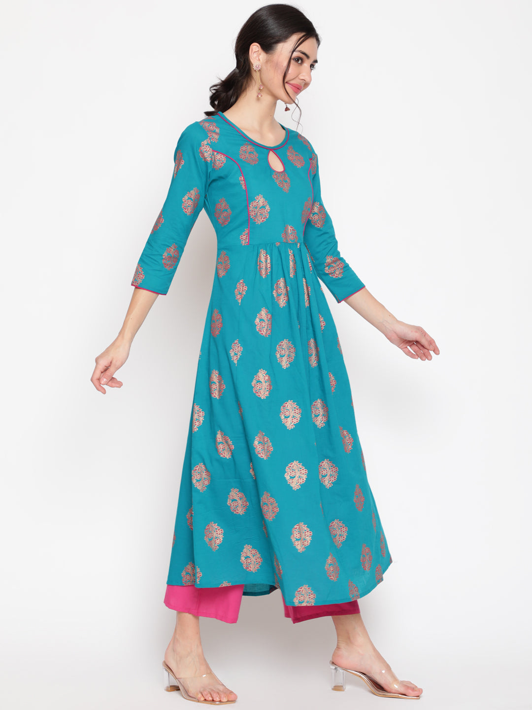 Cotton Printed Round Neck 3/4 Sleeve Flared Ankle Length Ethnic Kurta