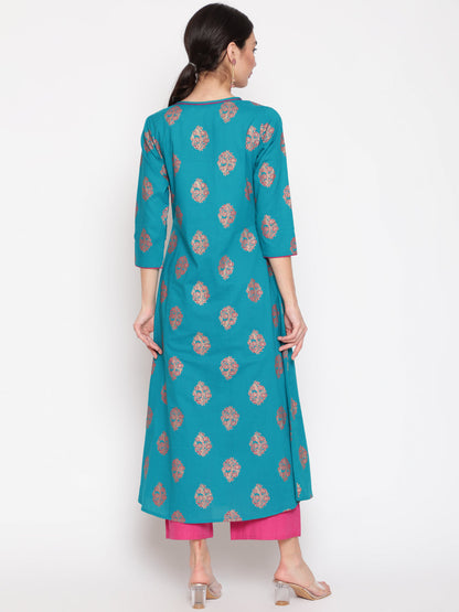 Cotton Printed Round Neck 3/4 Sleeve Flared Ankle Length Ethnic Kurta