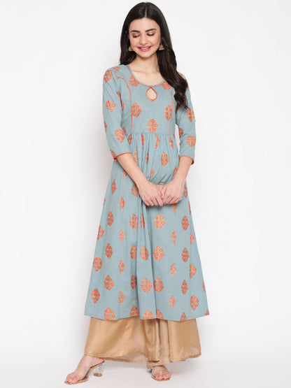 Cotton Printed Round Neck 3/4 Sleeve Flared Ankle Length Ethnic Kurta