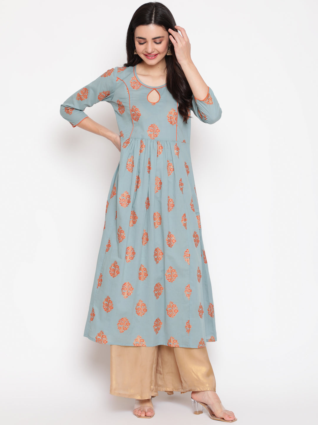 Cotton Printed Round Neck 3/4 Sleeve Flared Ankle Length Ethnic Kurta