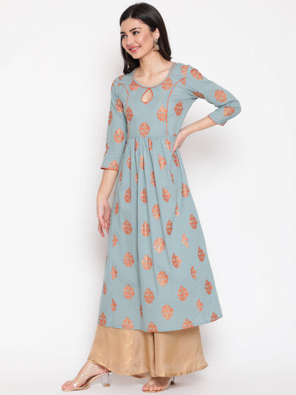 Cotton Printed Round Neck 3/4 Sleeve Flared Ankle Length Ethnic Kurta