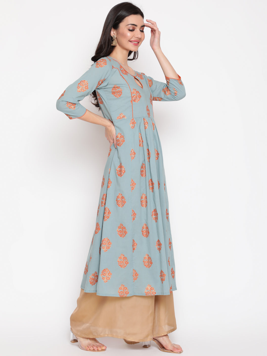 Cotton Printed Round Neck 3/4 Sleeve Flared Ankle Length Ethnic Kurta