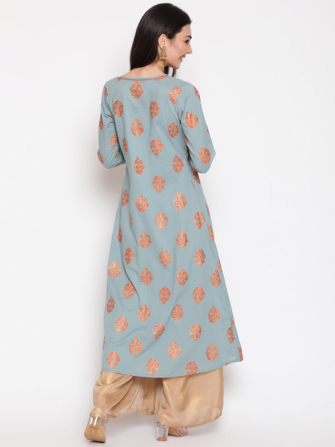 Cotton Printed Round Neck 3/4 Sleeve Flared Ankle Length Ethnic Kurta