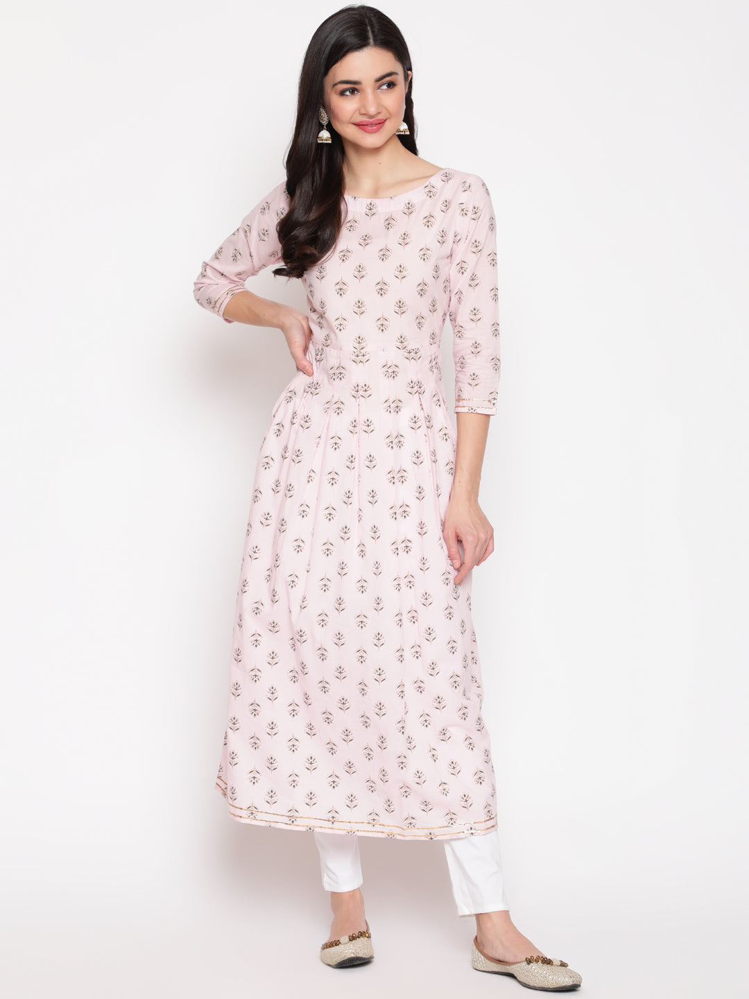 Cotton Printed Round Neck 3/4 Sleeve Flared Ankle Length Ethnic Kurta