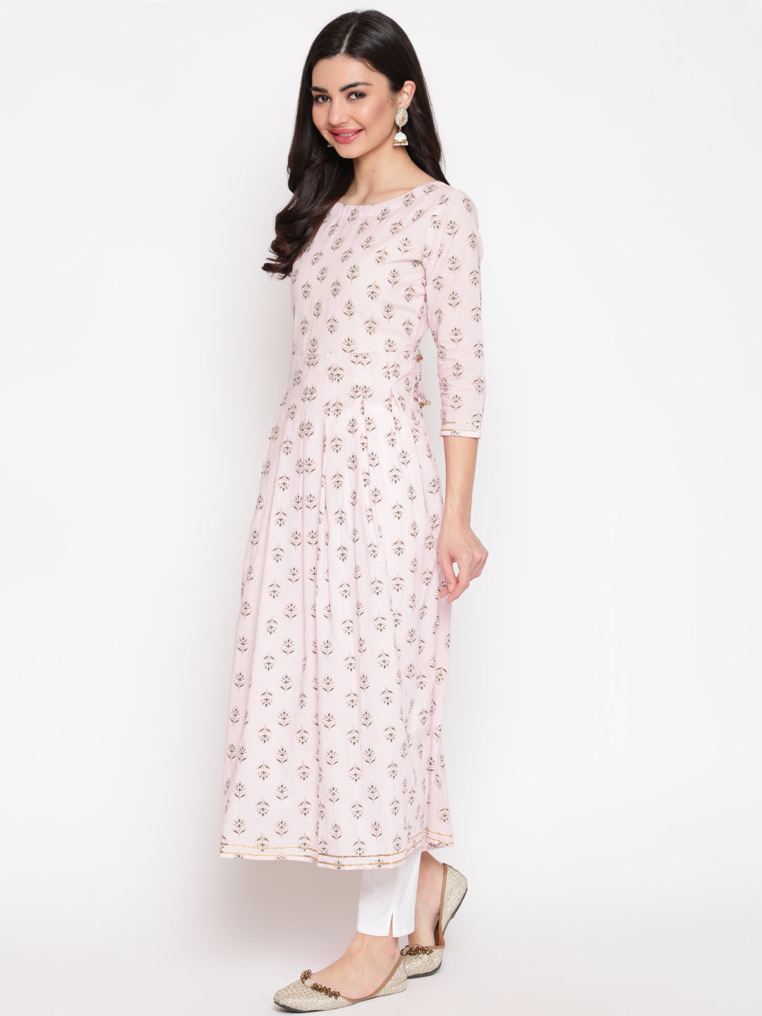 Cotton Printed Round Neck 3/4 Sleeve Flared Ankle Length Ethnic Kurta