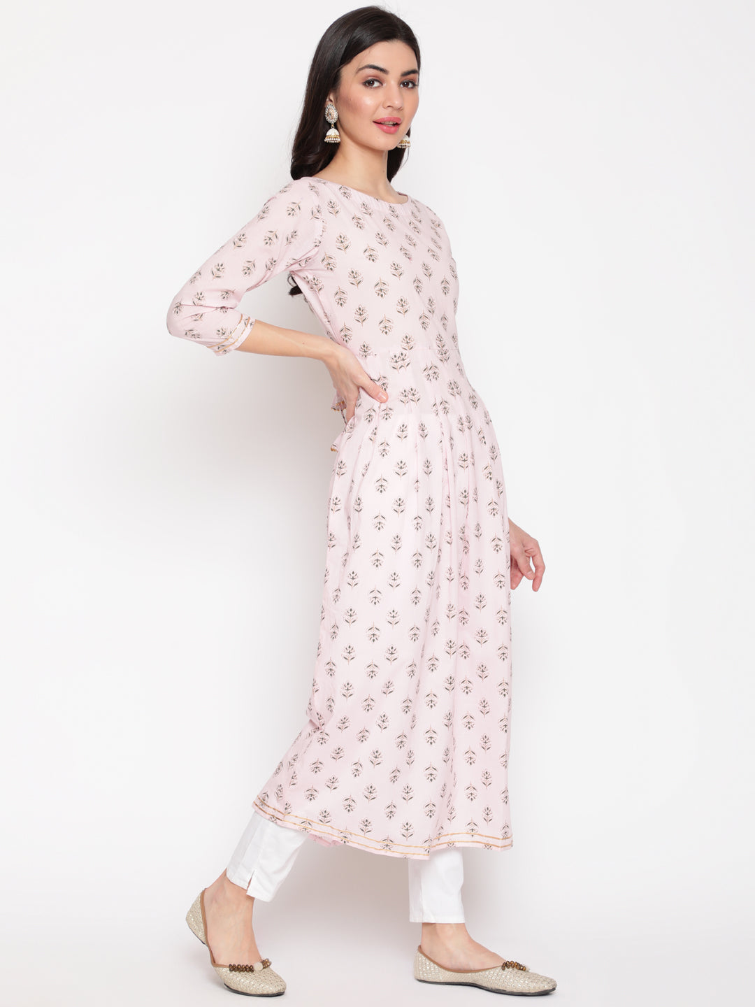 Cotton Printed Round Neck 3/4 Sleeve Flared Ankle Length Ethnic Kurta