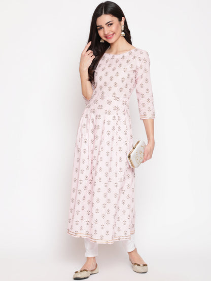 Cotton Printed Round Neck 3/4 Sleeve Flared Ankle Length Ethnic Kurta