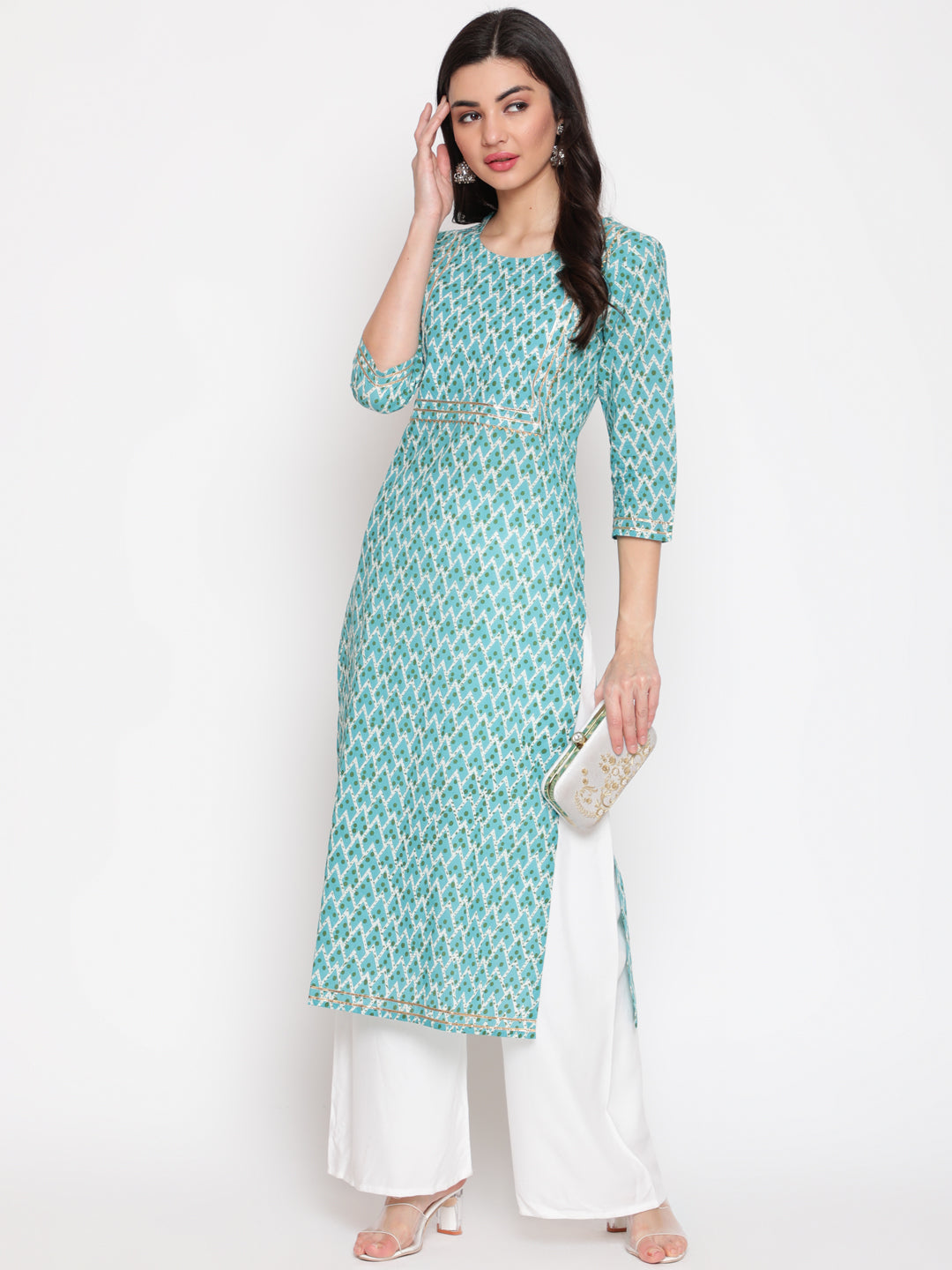 Cotton Printed Round Neck 3/4 Sleeve Straight Calf Length Ethnic Kurta