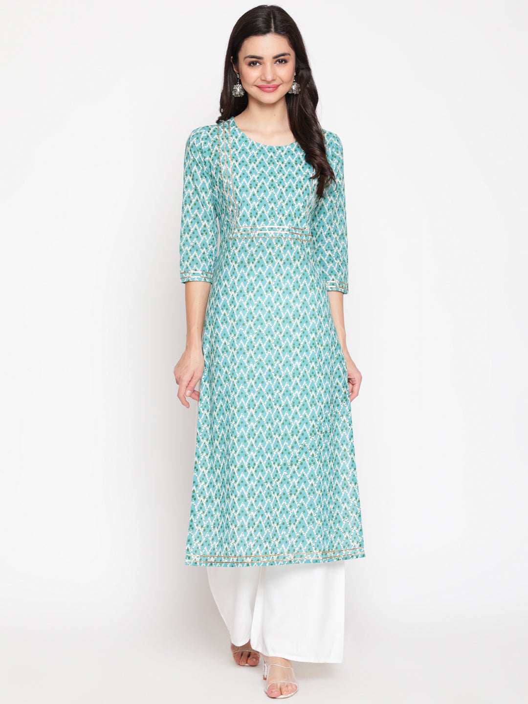 Cotton Printed Round Neck 3/4 Sleeve Straight Calf Length Ethnic Kurta