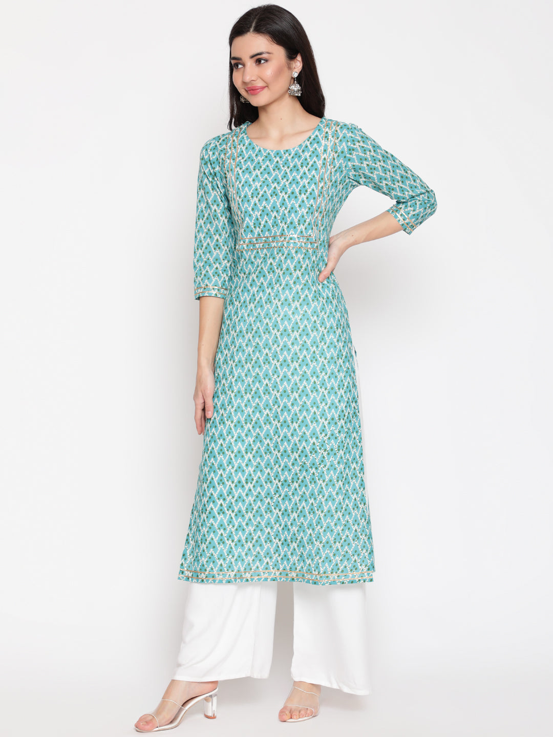 Cotton Printed Round Neck 3/4 Sleeve Straight Calf Length Ethnic Kurta