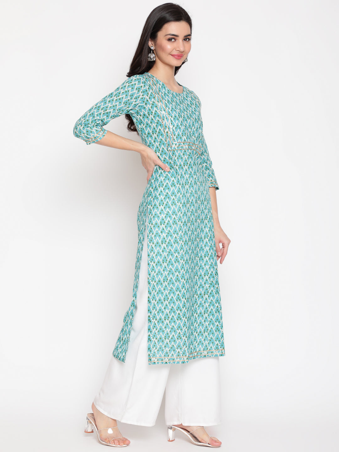 Cotton Printed Round Neck 3/4 Sleeve Straight Calf Length Ethnic Kurta