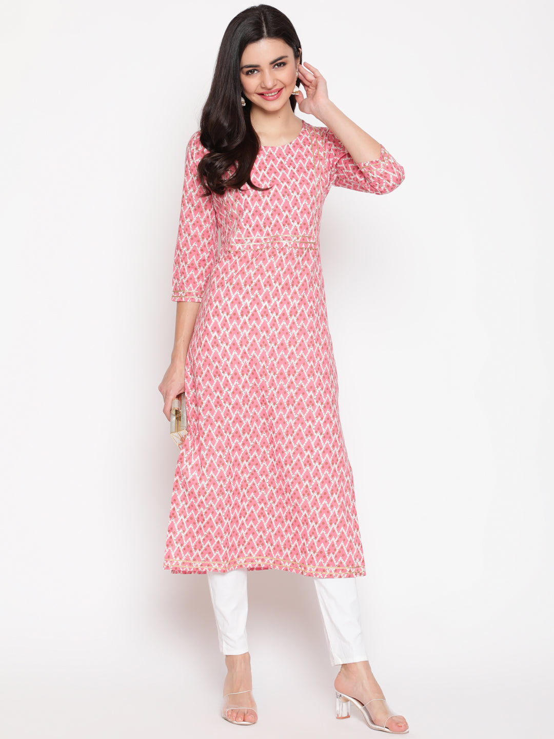 Cotton Printed Round Neck 3/4 Sleeve Straight Calf Length Ethnic Kurta