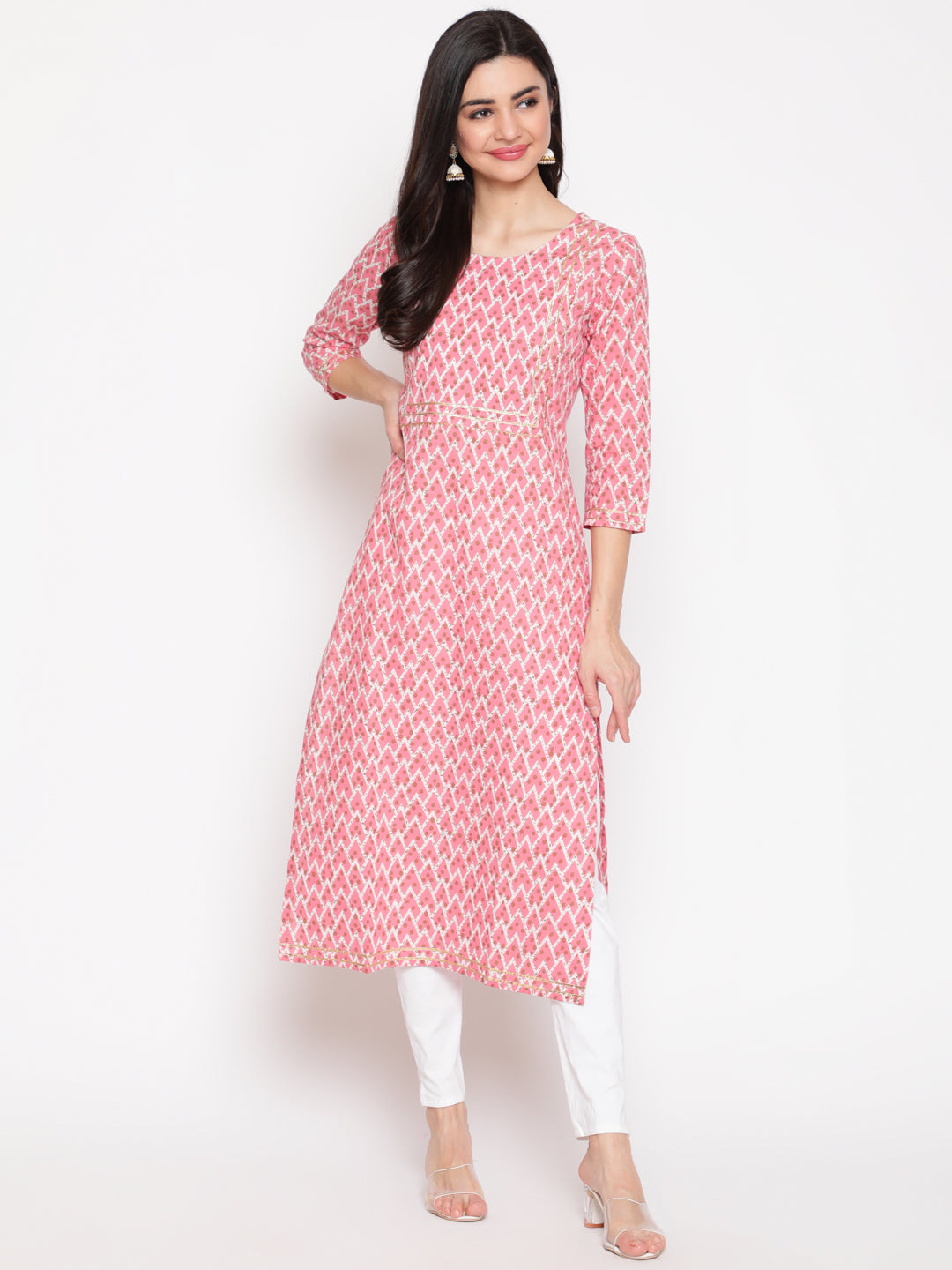 Cotton Printed Round Neck 3/4 Sleeve Straight Calf Length Ethnic Kurta