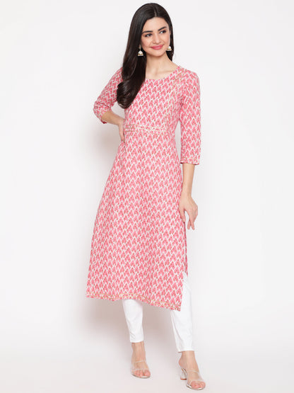 Cotton Printed Round Neck 3/4 Sleeve Straight Calf Length Ethnic Kurta