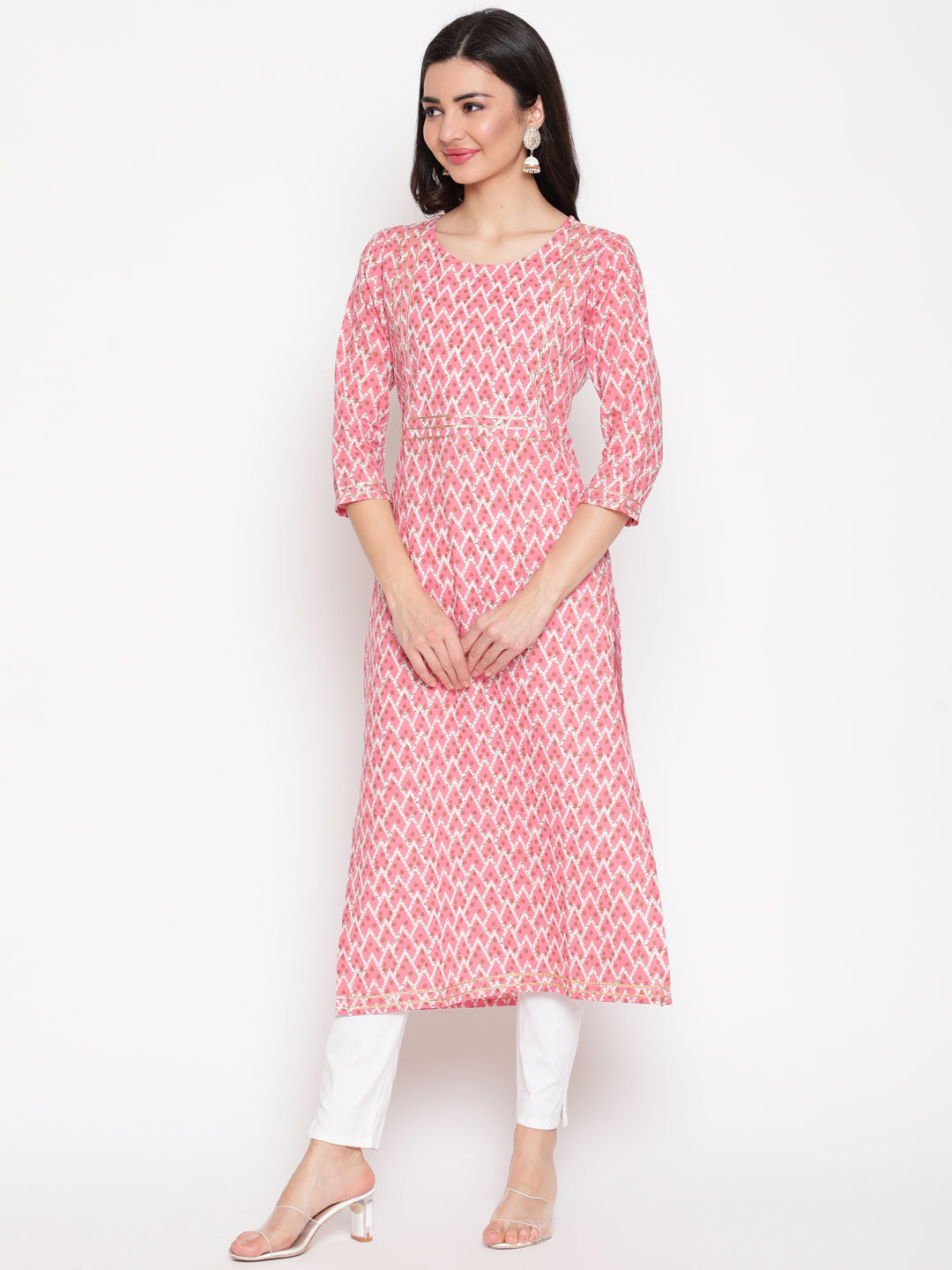 Cotton Printed Round Neck 3/4 Sleeve Straight Calf Length Ethnic Kurta