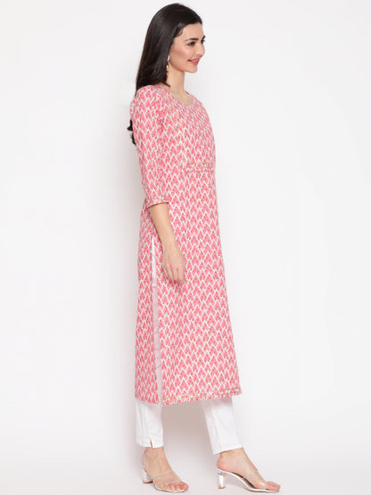 Cotton Printed Round Neck 3/4 Sleeve Straight Calf Length Ethnic Kurta