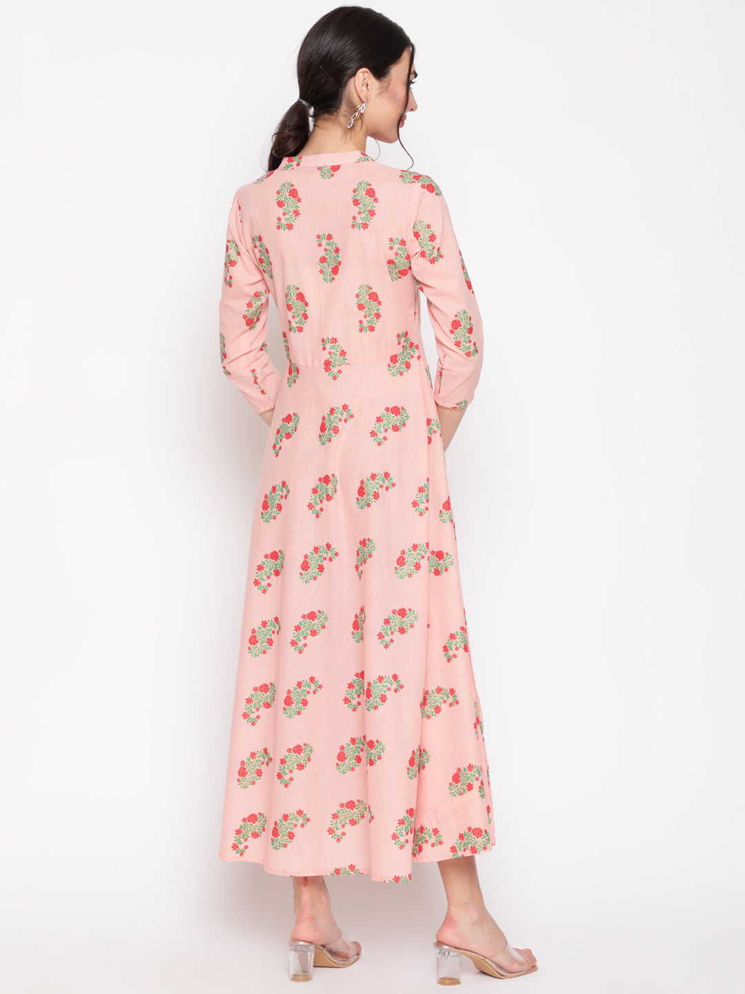 Cotton Printed Mandarin Neck 3/4 Sleeve Flared Ankle Length Ethnic Kurta