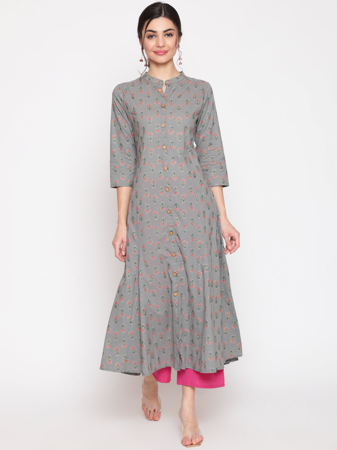 Cotton Printed Mandarin Neck 3/4 Sleeve A-Line Ankle Length Ethnic Kurta