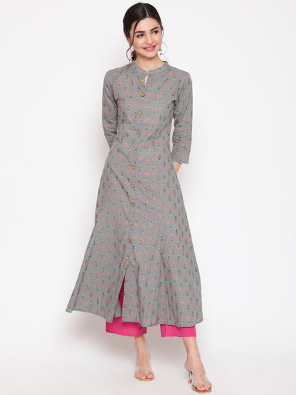 Cotton Printed Mandarin Neck 3/4 Sleeve A-Line Ankle Length Ethnic Kurta